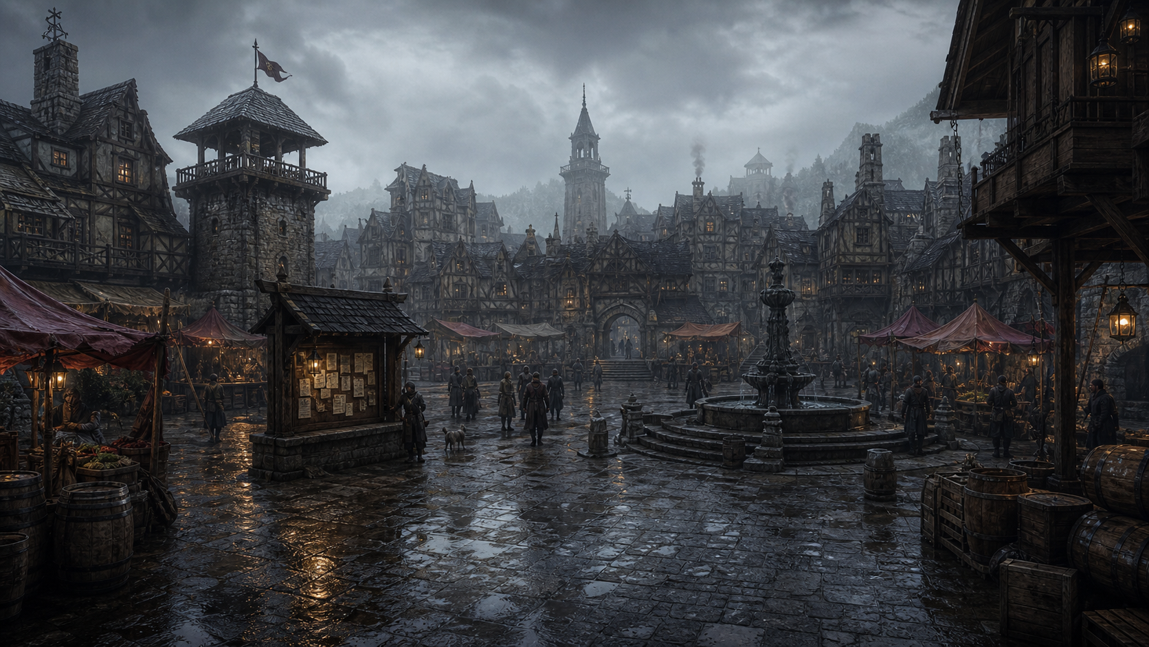 Rainy medieval town square in Greenhaven